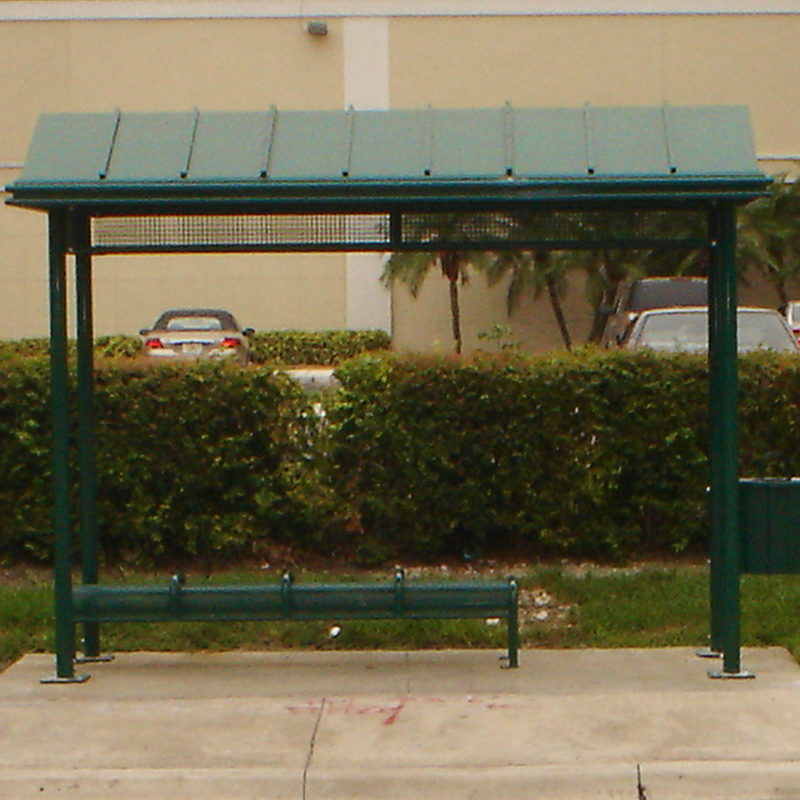 A sierrna bus shelter with a four person bench and all sides open.