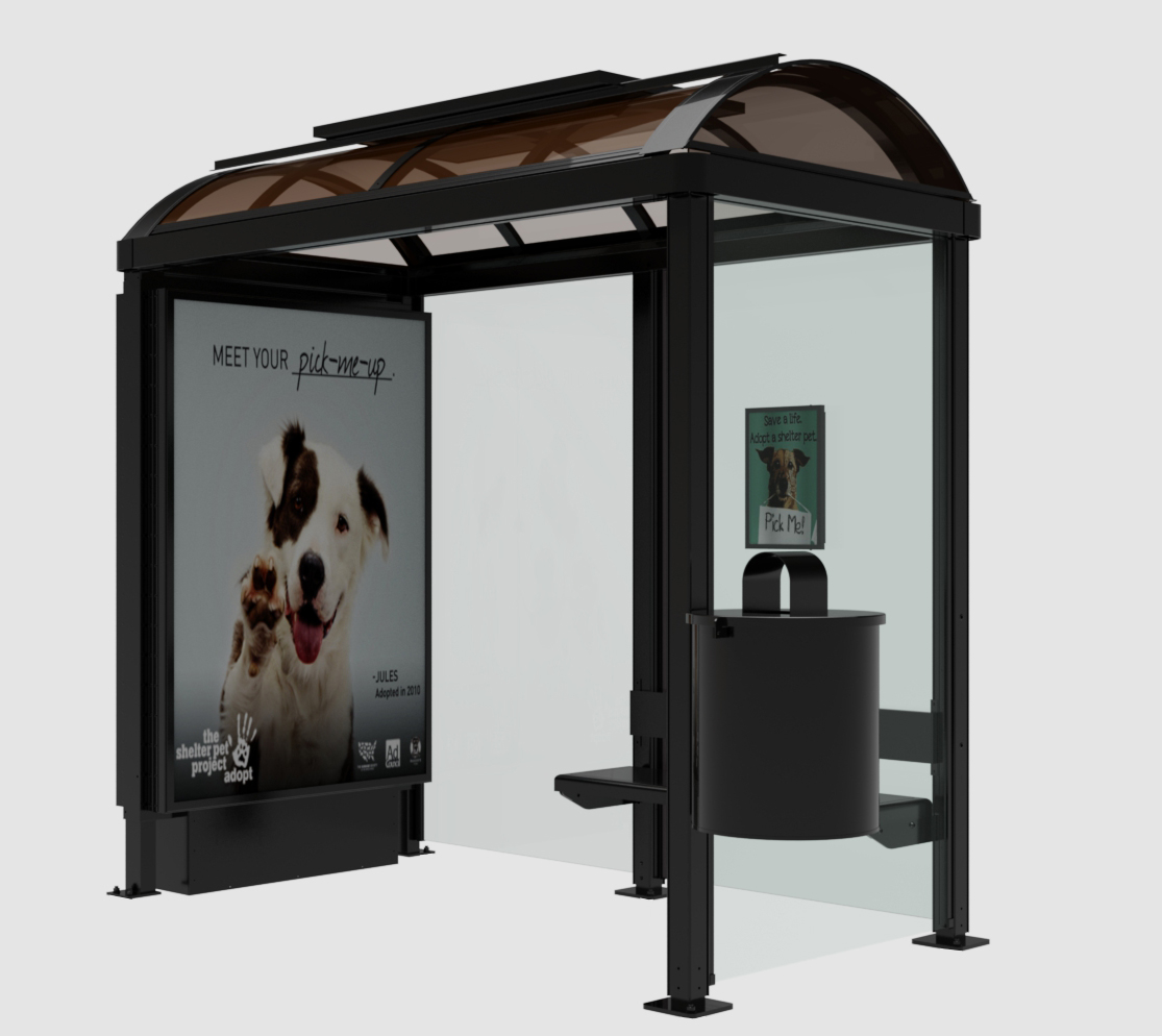 A rendering of a bus shelter is a left side advertising display, right side inside bench and an attached trash receptacle on the right.