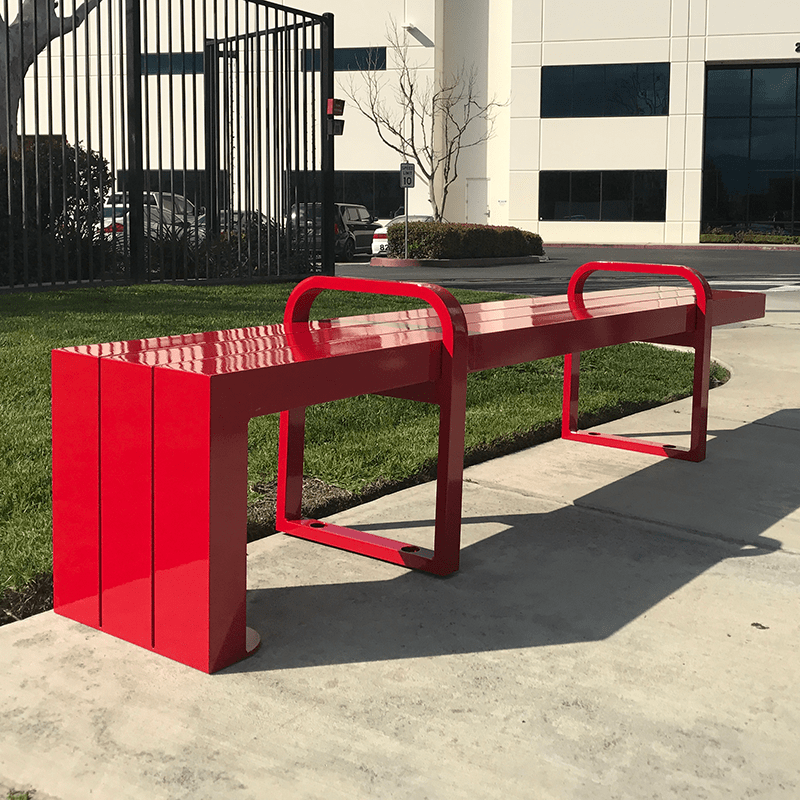 Red smooth bench with modern design and sectioned seating