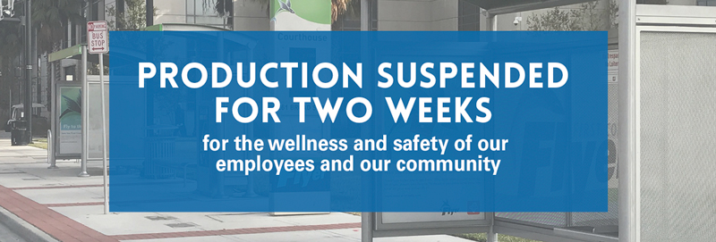 Image of an announcement reading "Production suspended for two weeks, for the wellness and safety of our employees and our community."