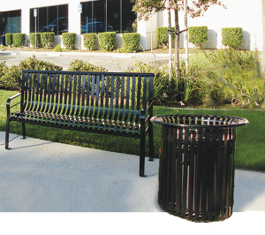 A black slatted bench is seen next to a matching trash receptacle