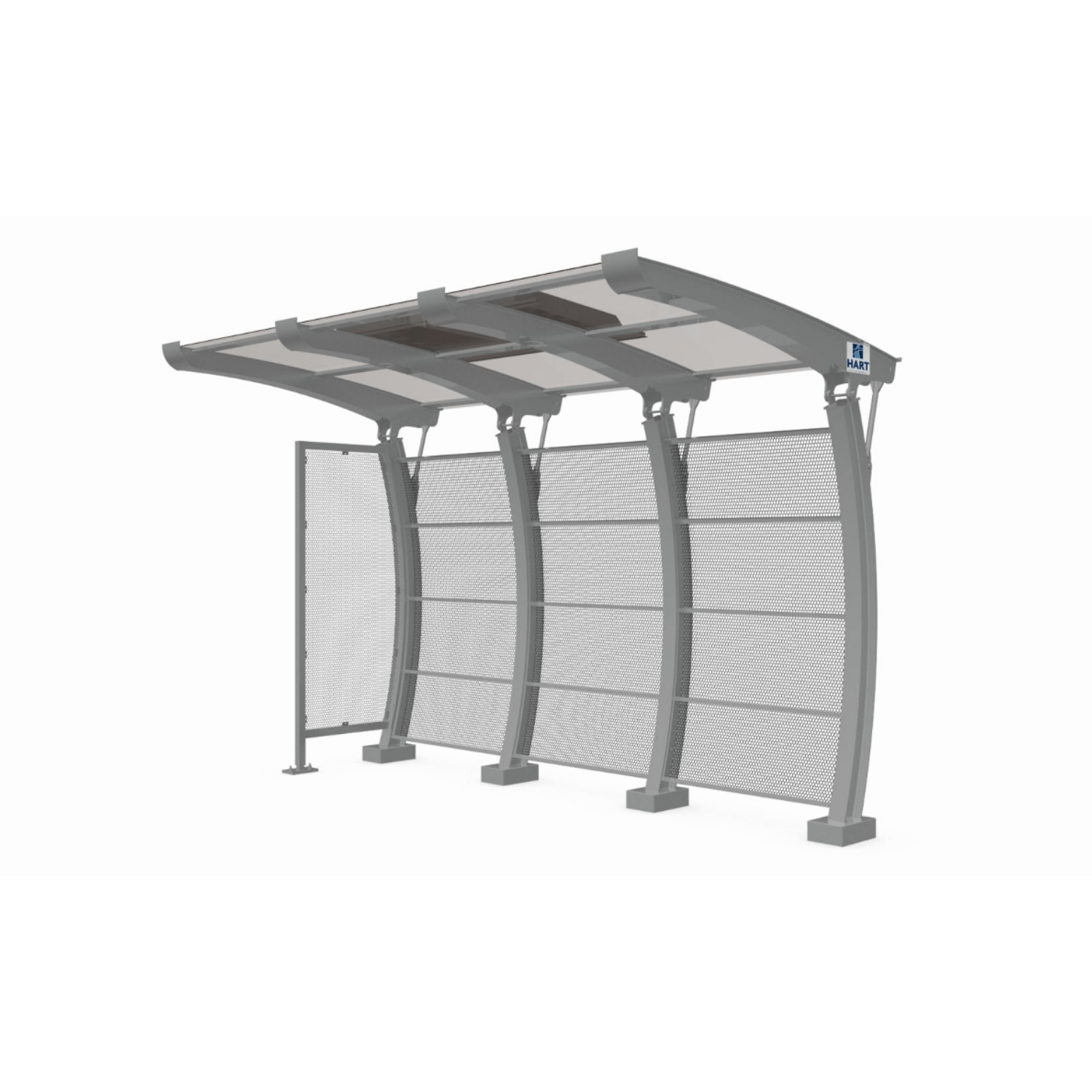 A bus shelter is seen by itself with an arched back design and rounded roof to match.