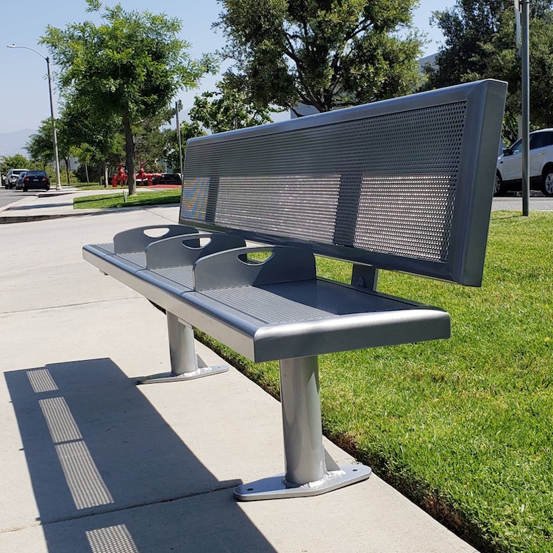 left side view of a bench with four seats with three metal dividers