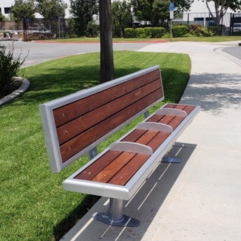 Right side view of a bench with three dividers for passengers, wood slat design and metal framing