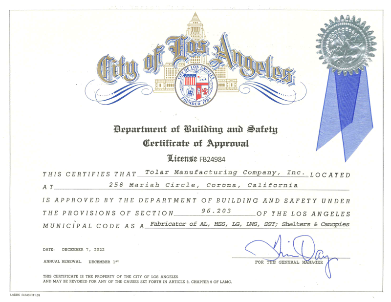 fabricators license for Tolar Manufacturing