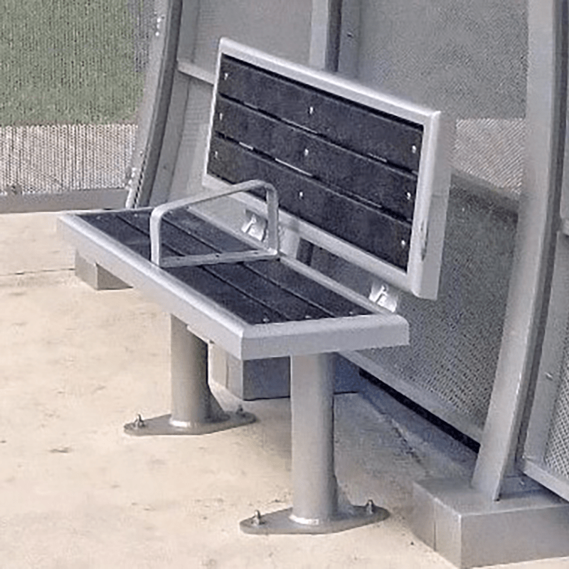 A bus shelter bench with seating for two with slatted design.