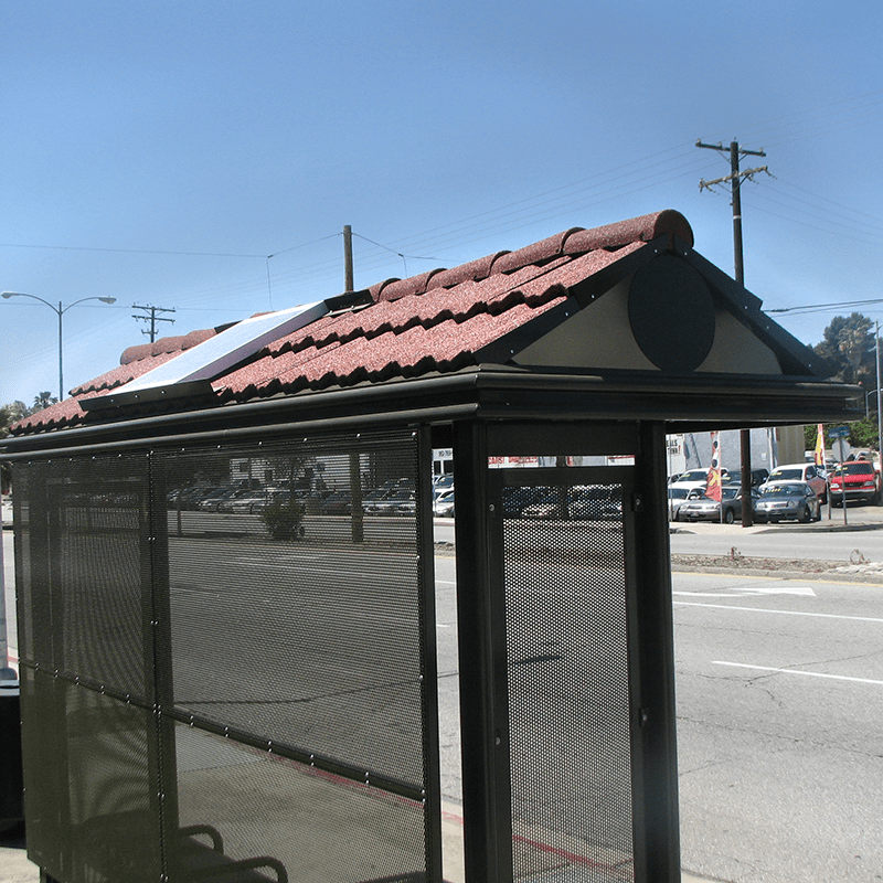Sierrna bus shelter close up of the roof with solar solutions on top
