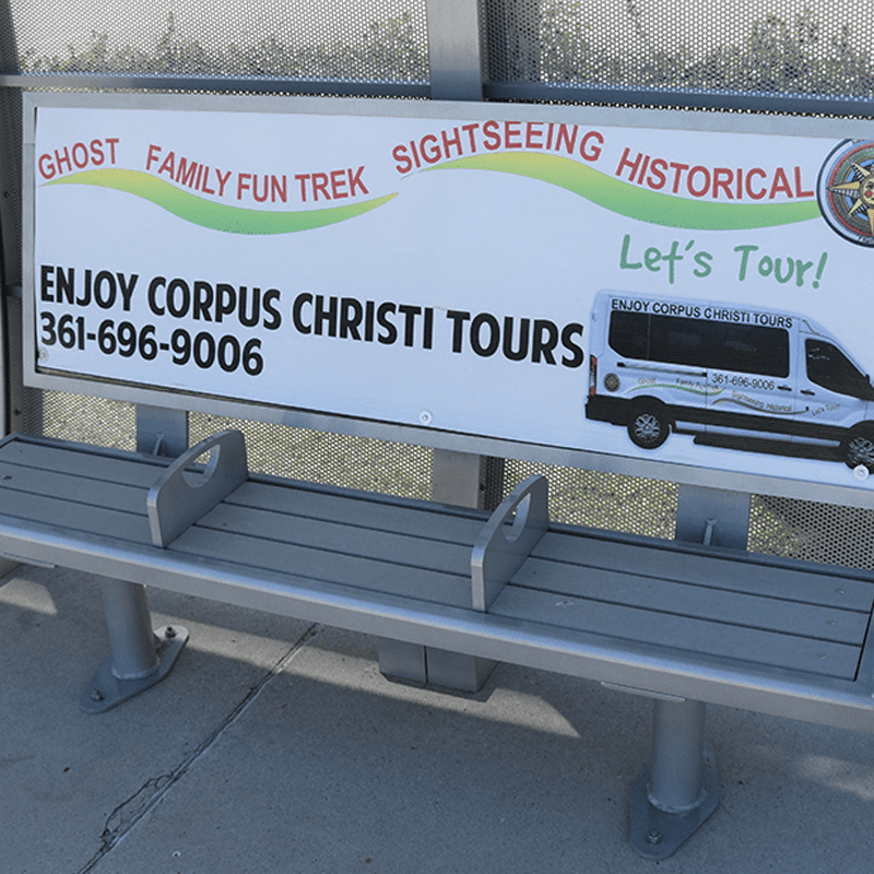 Three seat bus shelter bench with back of bench advertising display
