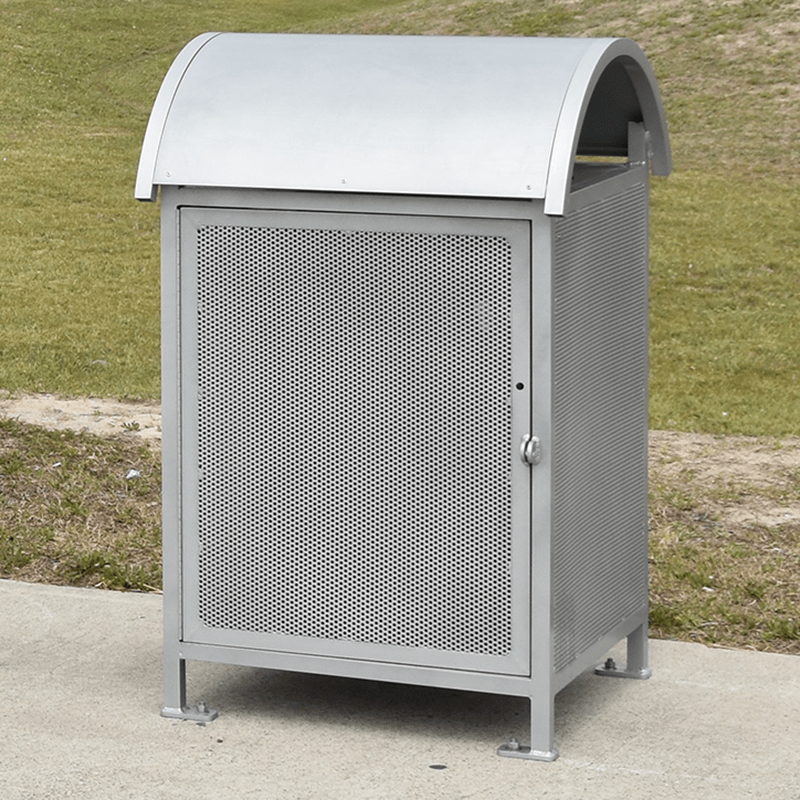 Front view of a metal trash receptacle from Tolar's street furniture options