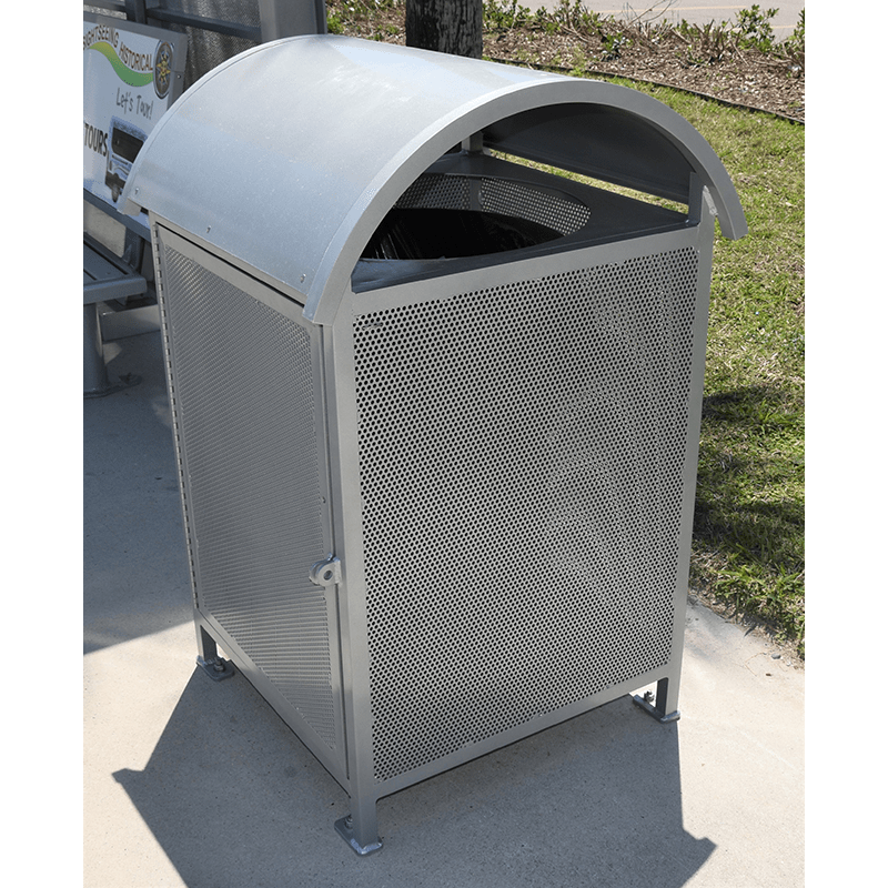 Metal arched street furniture trash receptable from a side view of the top opening