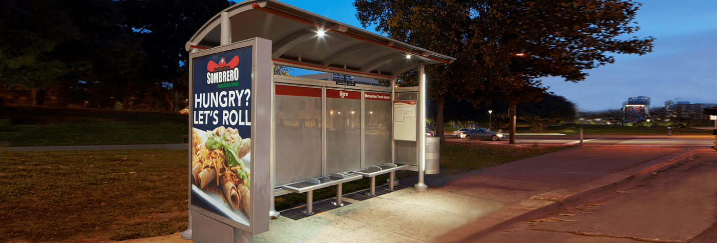 Signature Sunset Bus Shelter in San Diego, CA with advertising displayed on the right side and rider info on the left side