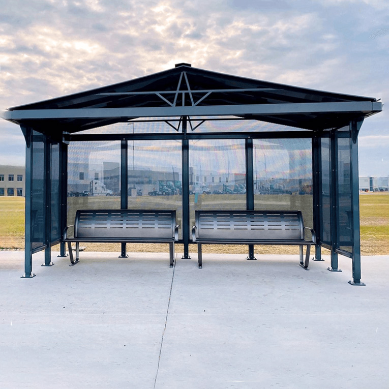 Niagara bus shelter equiped with two benches and three sides