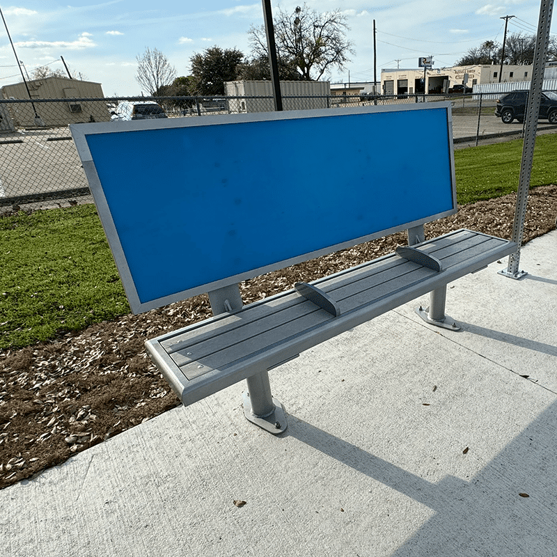 Right side view of a bench with an empty advertising back rest