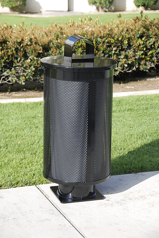 A black trash receptacle is seen from the front with an arched top of protection.