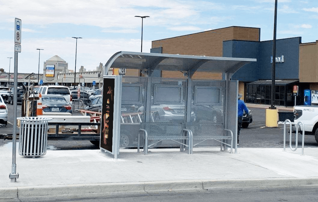 Right facing bus shelter for SunMetro in El Paso, Texas with two benches