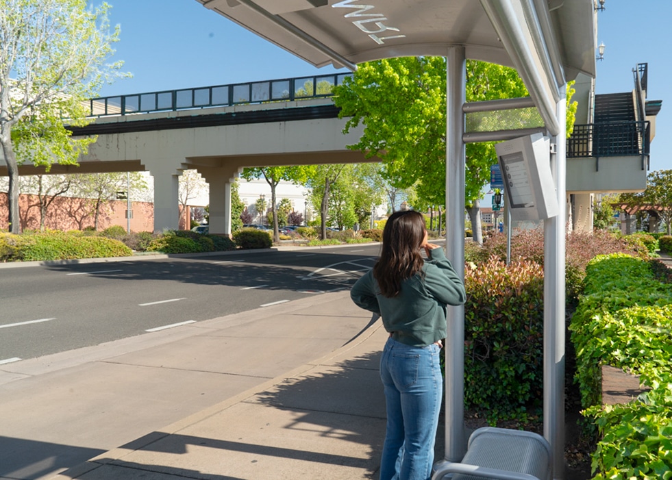 A rider is seen reading the digital rider information screen under a bus shelter.